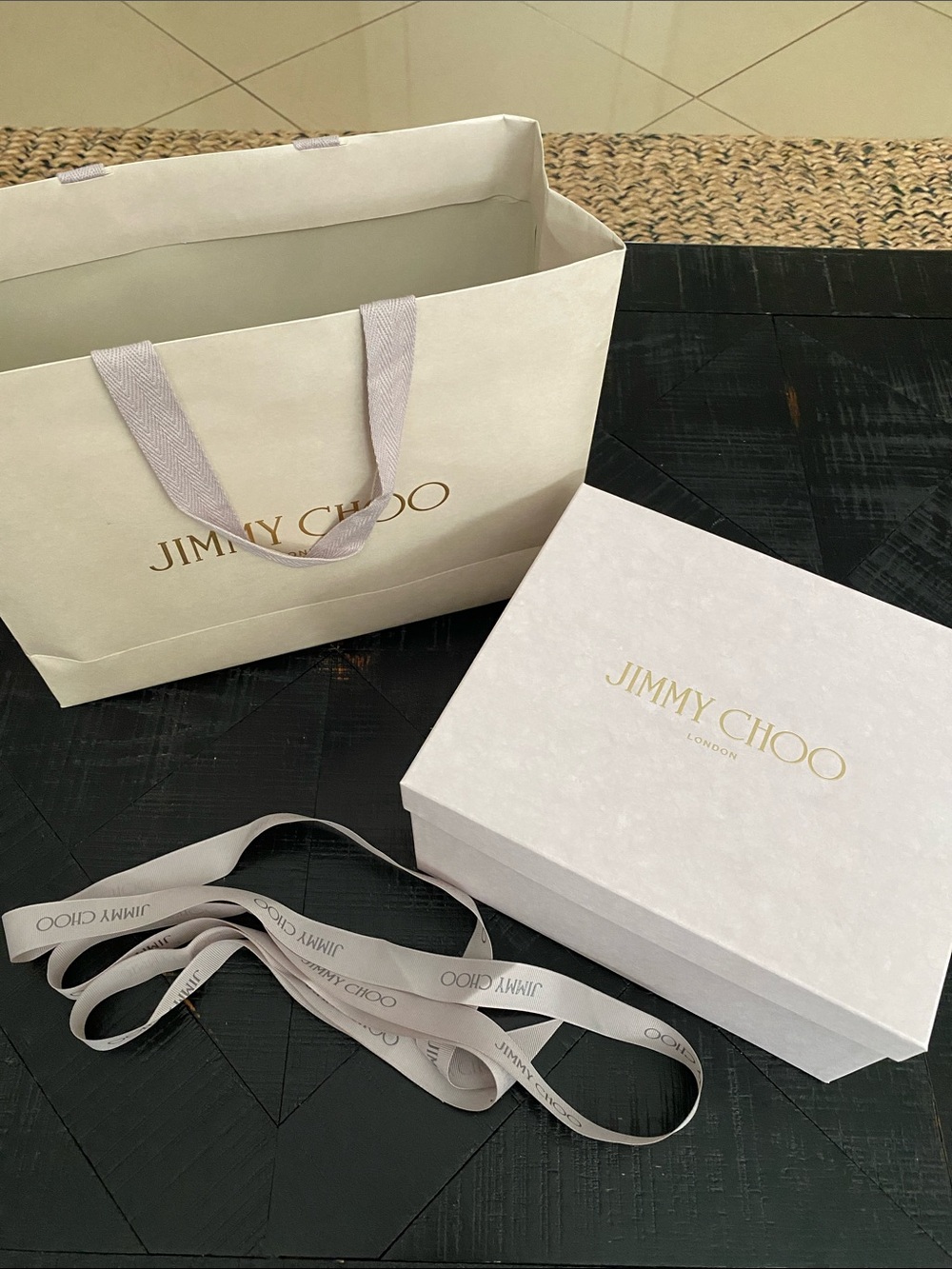 Jimmy Choo gift bag+ empty box and ribbon with Gold Logo